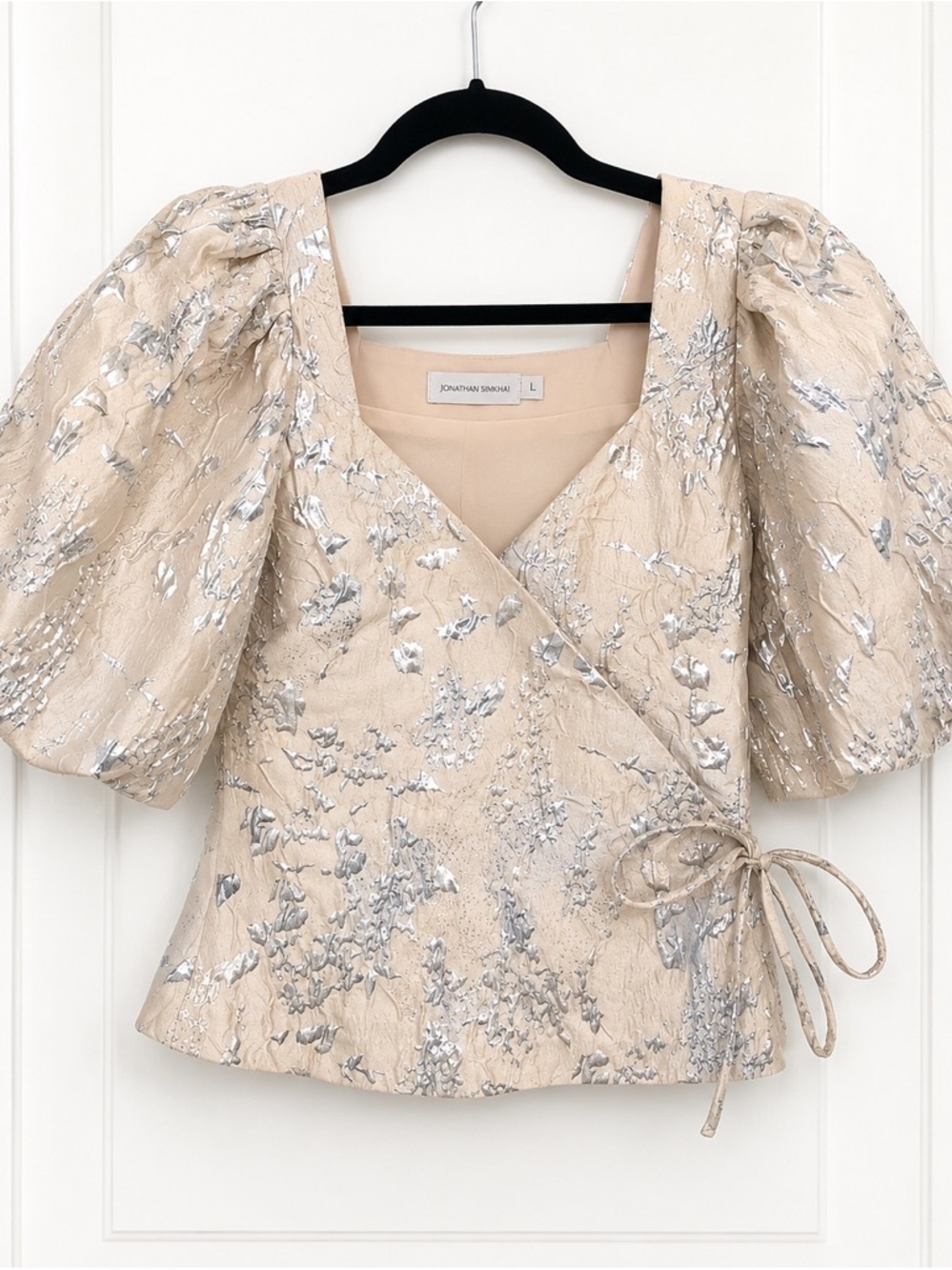Jonathan Simkhai Beige and Silver Metallic Wrap Puff-Sleeve Blouse